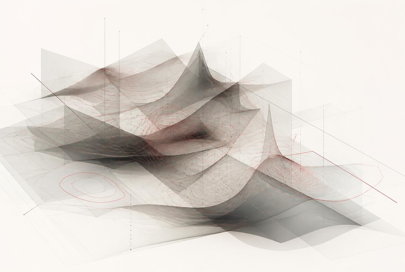 Abstract layered grey surfaces with thin red contour lines representing a data landscape