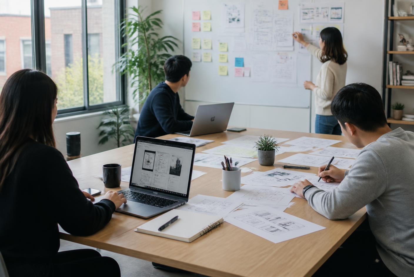 Team members reviewing printed wireframes and laptops around a long table in a daylit workspace