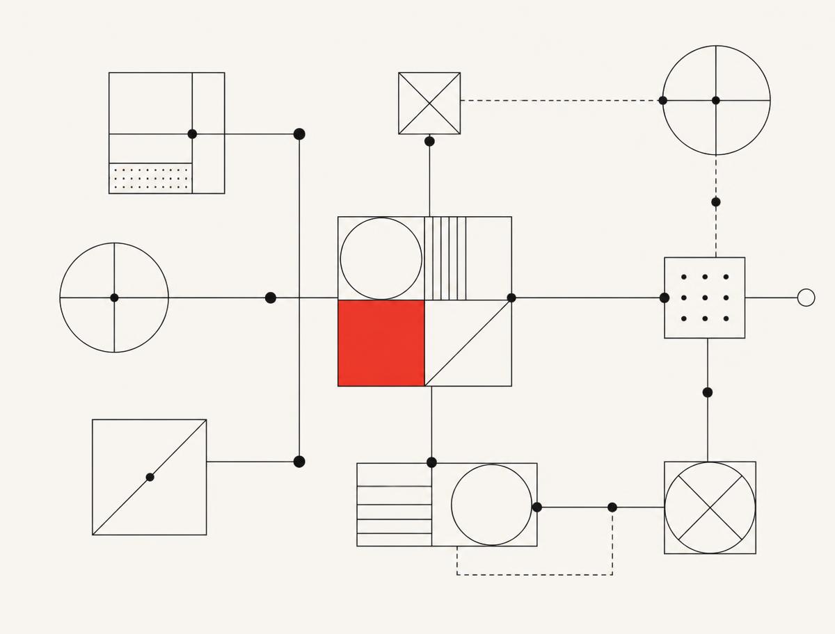 Technical line diagram of interconnected system modules and nodes with one red module highlighted