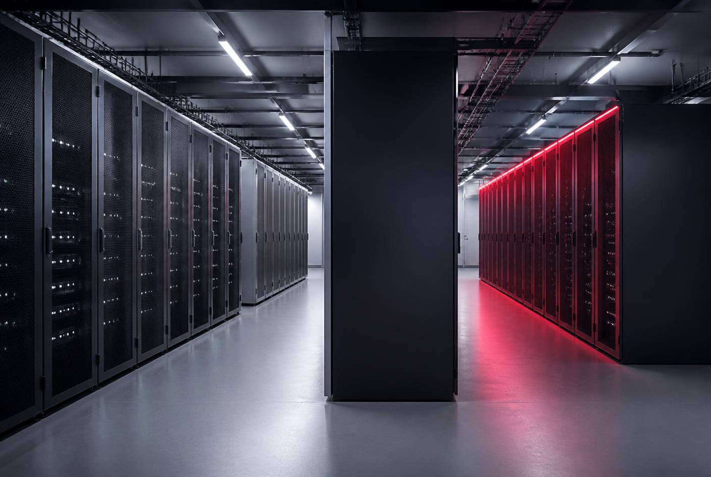 Server room aisle with rows of racks under cool lighting and one red-illuminated row
